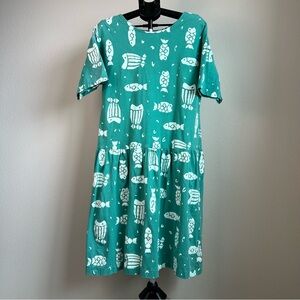 Vintage 90s Cotton Connection Fish Print Dress Green Made USA Cotton Women M